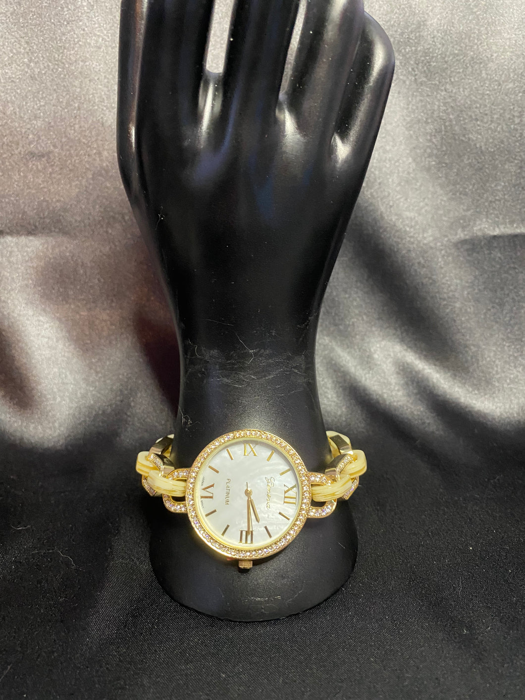 Gold tone pave/cream chain link watch