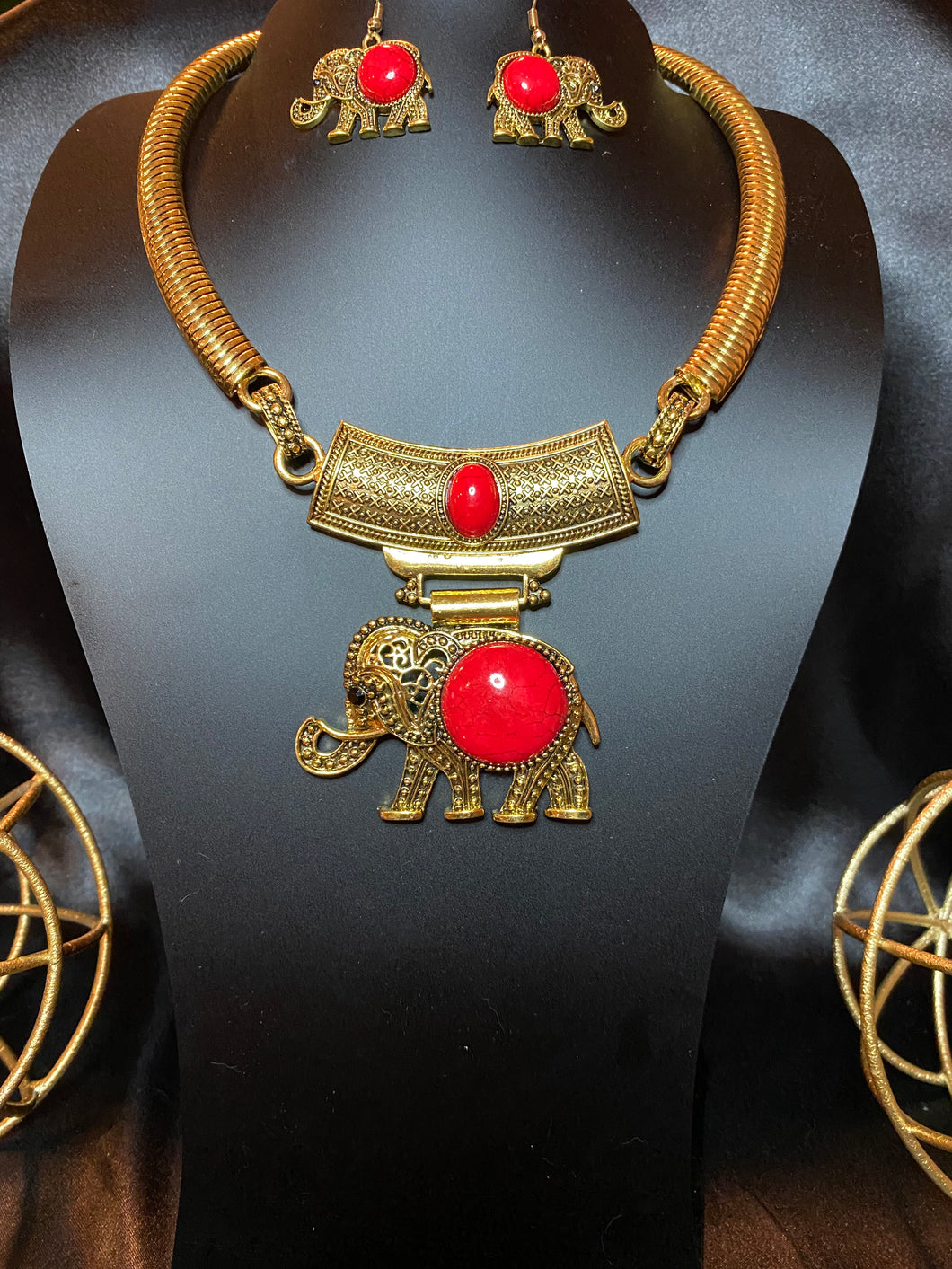 Red burnished elephant necklace/earring set