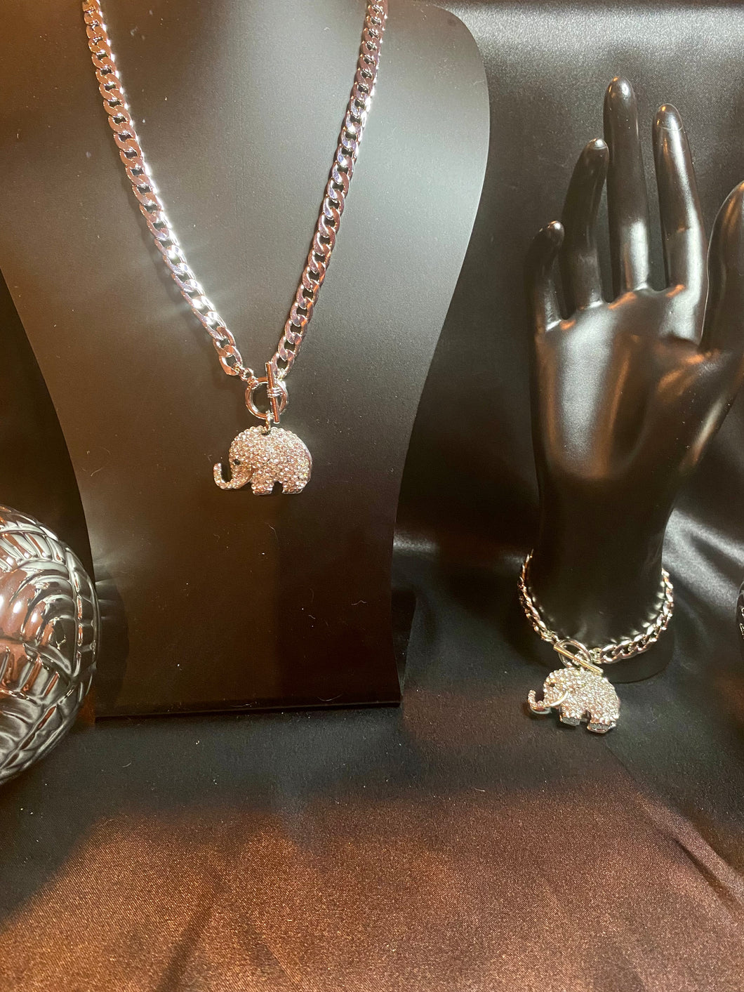 Silver tone rhinestone elephant necklace and bracelet set