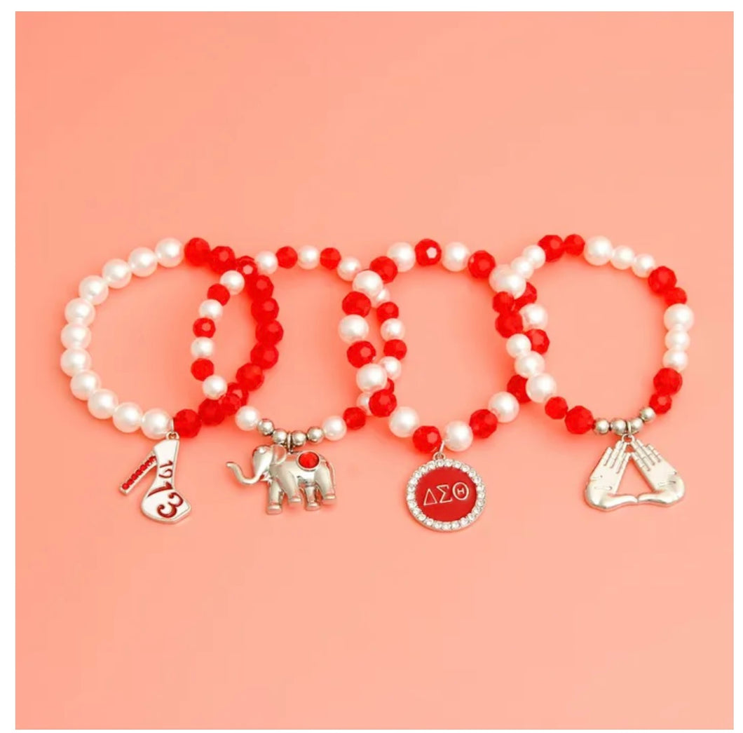 Delta Sigma Theta Charm Bracelets- Pearl and Red Clear