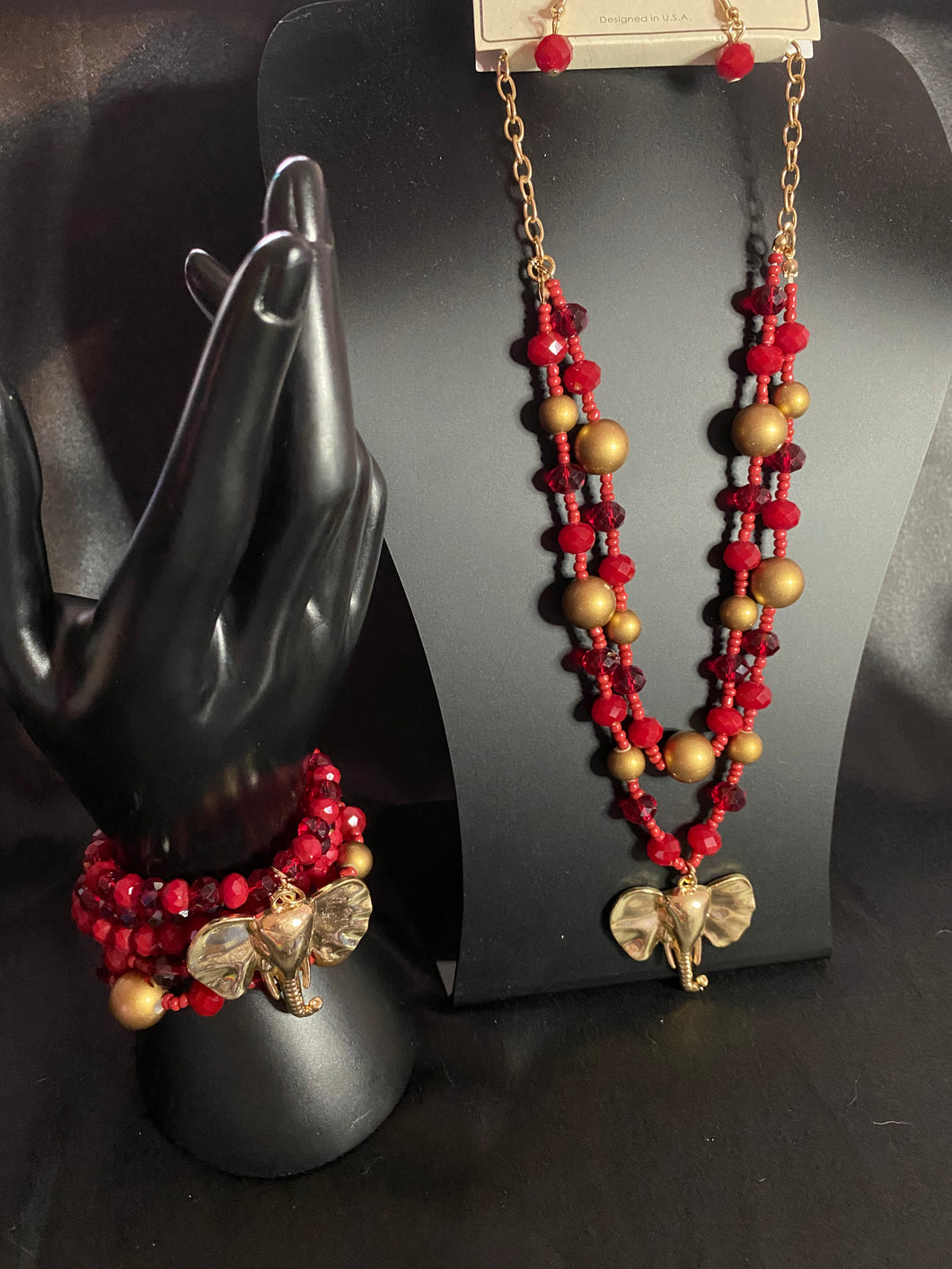 Red large elephant set (necklace, earrings & bracelets